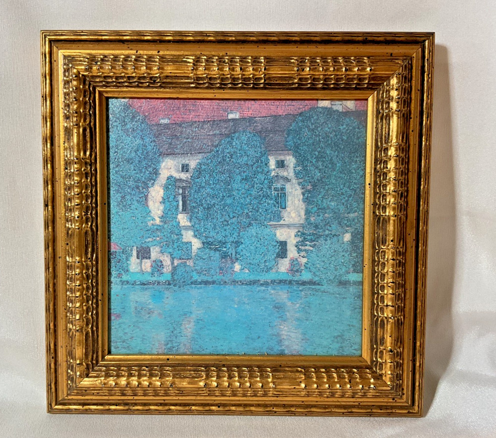 Vintage Textured European Estate Landscape Art Ornate Gold Frame 11.5x11